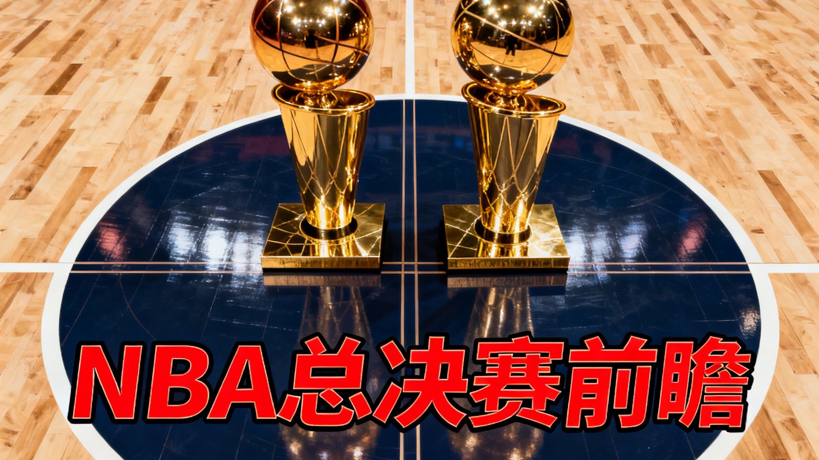 NBA总决赛前瞻文章封面，篮球场俯视图，东西部冠军奖杯并列摆放于中场圈
