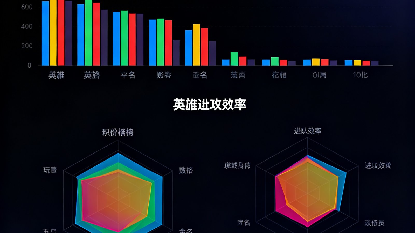 直播屋数据统计仪表盘界面，深色背景上展示着彩色柱状图和雷达图，包含英超积分榜排名、射手榜前五名球员数据以及球队进攻效率对比曲线